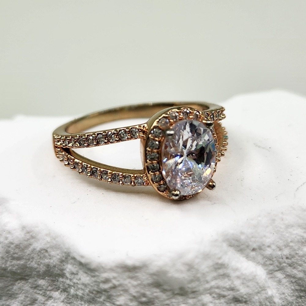 Rose Gold Tone Oval Clear Stone Halo Split Shank Rhinestone Bridal Ring Size 6.5
